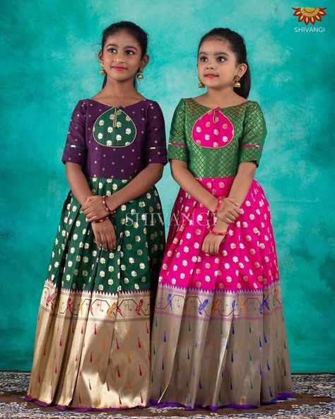 Parikini Designs For Kids, Long Frocks For Kids, Pattu Pavadai Designs, Pattu Pavada, Langa Blouse, Frocks For Kids, Simple Frock Design, Pattu Pavadai, Long Frock Designs