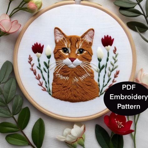 Hand Embroidery pattern template for a pet Tabby Car peering out amid the flowers. The pattern is available in 3.4,5,6,7,8 and A4 sizing to fit a variety of embroidery hoops. This digital download is for the pattern only as no instructions are included for stitching or for thread types or colors other than the reference photo of the design. What's Included  🪡 Digital PDF file suitable for printing at home or at a copy shop 🪡 Basic stitches for embroidery "how-to" sheet 🪡 How to transfer desig Tabby Cat Embroidery, Orange Cat Embroidery, Beginner Embroidery Patterns, Cat Embroidery Pattern, Pet Embroidery, Orange And White Cat, Cat Template, Cat Embroidery Design, Cat Embroidery