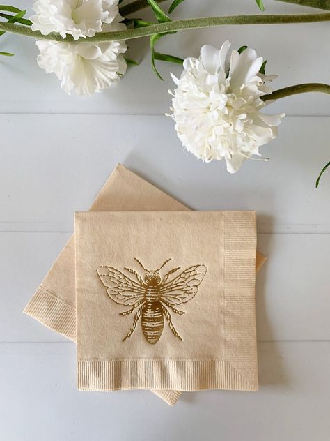 Honeybee Cocktail Napkins - Etsy Little Honey Baby Shower Theme, Honey Decorations, Honeybee Baby Shower Theme, Bee Themed Food, Bee Theme Gender Reveal Party, Bee Baby Shower Theme Decoration, Bee Wedding Theme, Bee Baby Shower Food, Honey Bee Baby Shower Theme