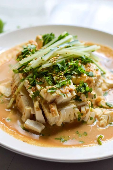 Cold Tofu with Peanut Sauce — Easy Recipes Cold Tofu, Tofu And Peanut Sauce, Cold Silken Tofu, Spicy Cold Tofu, How To Prepare Tofu Recipes, Tofu Snacks, Peanut Sauce Tofu, Vegetarian Menu, Tofu Dishes