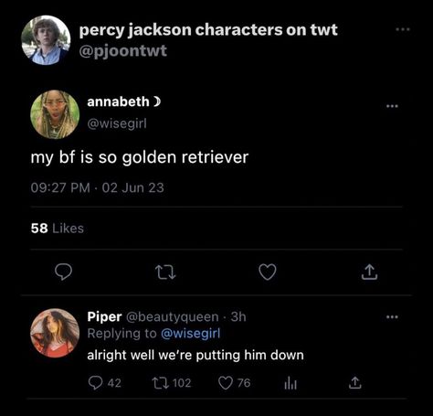 Percy Jackson Character Tweets, Pjo Incorrect Tweets, Percy Jackson Tweets, Piper Percy Jackson, Percy Jackson Incorrect Quotes, Pjo Tweets, Percy Jackson And Annabeth Chase, Incorrect Tweets, Percy Jackson And Annabeth