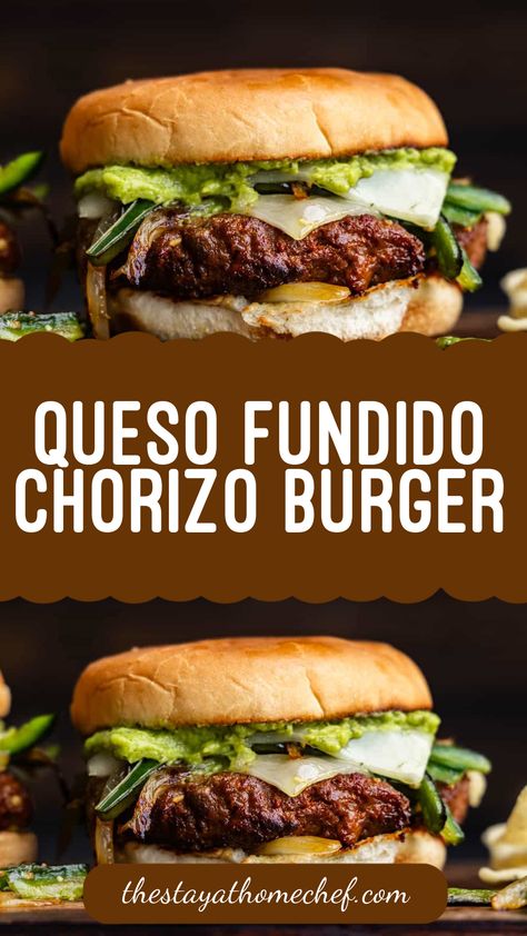 Our queso fundido chorizo burger combines a chorizo-ground beef patty with gooey melted cheese, peppers, onions, and guacamole for a Mexican-inspired twist on the classic cheeseburger. Chorizo Burgers, Chorizo Recipes Dinner, Classic Cheeseburger, Hearty Chili Recipe, Chorizo Burger, Beef Chorizo, Chorizo Recipes, Hearty Chili, Queso Fundido