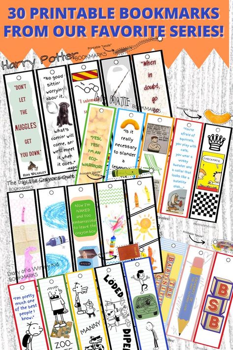 Harry Potter, The Day the Crayons Quit, The Babysitters' Club, Diary of a Wimpy Kid & big Nate Printable Bookmarks Free Bookmark Printables, Kids Book Club Ideas, Free Bookmarks Printables, School Bookmarks Printable, Printable Book Marks To Color, Free Printable Bookmarks Quotes, Fun Library Activities, Library Printables, Free Printable Bookmarks To Color Kids Fun