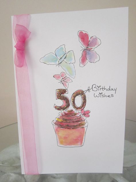 50th Birthday Card watercolour original blank by AngelAtMyEasel 50 Years Birthday, 50th Birthday Card, 90th Birthday Cards, Watercolour Card, Watercolor Birthday Cards, 60th Birthday Cards, Hand Painted Card, 50th Birthday Cards, Watercolor Birthday