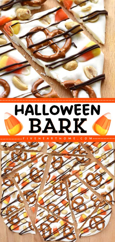 Want more DIY Halloween treats? Here's a Halloween bark recipe! Studded with candy corn, pretzels, and peanuts then drizzled with semisweet chocolate, this white chocolate bark idea is a fun and festive Halloween party food! Halloween Bark Recipes, Candy Corn Bark, Bark Idea, Candy Corn Recipe, Halloween Bark, White Chocolate Candy, Fun Halloween Food, Salty Treats, Easy Halloween Food