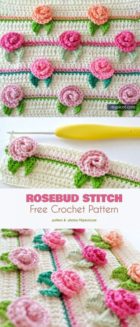 Rosebud Stitch Free Crochet Pattern Flower stitch constitute an integral portion of the project, yet still look like appliques and creates an eye-catching a 3D texture. Crochet Rose Scarf, Rosebud Crochet Pattern, Crochet Rose Applique, Crochet Flower Stitch Pattern, Crochet Flower Stitches, Floral Crochet Stitch, 3d Crochet Stitch, Printable Crochet Patterns Free, Flower Stitch Crochet