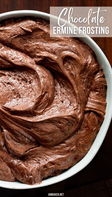 A white bowl filled with chocolate ermine frosting. Heritage Frosting Recipe, Ermine Frosting Flavors, Ermine Frosting Chocolate, Frosting With Flour And Milk, Chocolate Ermine Buttercream, Ermine Icing Recipe, Ermine Buttercream Frosting, Chocolate Ermine Frosting Recipes, Cream Cheese Ermine Frosting