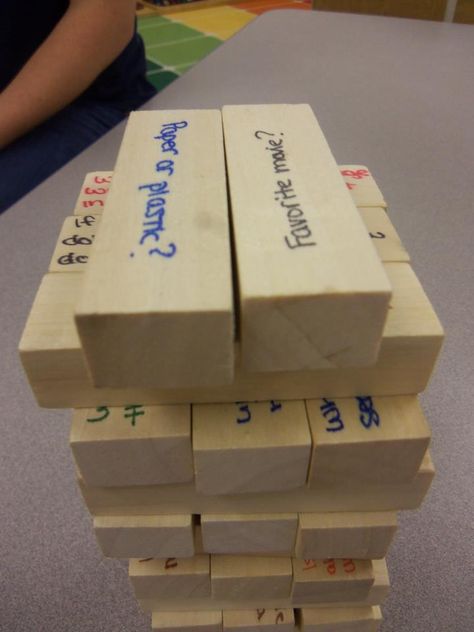 What a great idea for a youth activity! Conversation Jenga!!!  You answer a question each time they pull a piece!  This would work for FHE or even a baby or bridal shower. Teaching Hacks, Planning School, Sensory Games, Training Ideas, Reading Comprehension Questions, Ra Ideas, Youth Activities, Bear Lake, Ffa