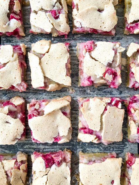 Rhubarb Meringue Pie, Rhubarb Dream Bars, Rhubarb Custard Bars, Rhubarb Meringue, Rhubarb Cookies, Rhubarb Custard Pies, Rhubarb Bars, Cheese Bars, Almond Crust