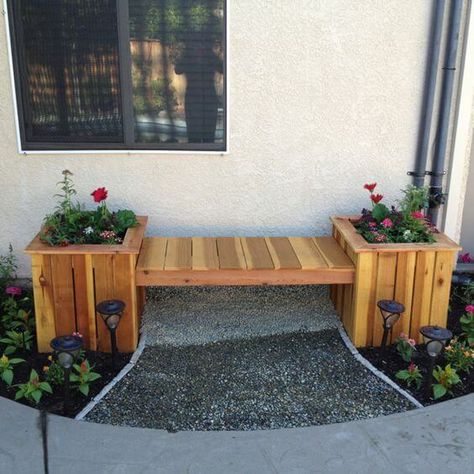 16 DIY Planter Bench Ideas - 128 Bench With Flower Box Planters, Planter Box Bench, Raised Planter Boxes Plans, Balcony Planter Boxes, Planter Box Plans, Pebble Garden, Planter Bench, Cedar Planter Box, Diy Planter