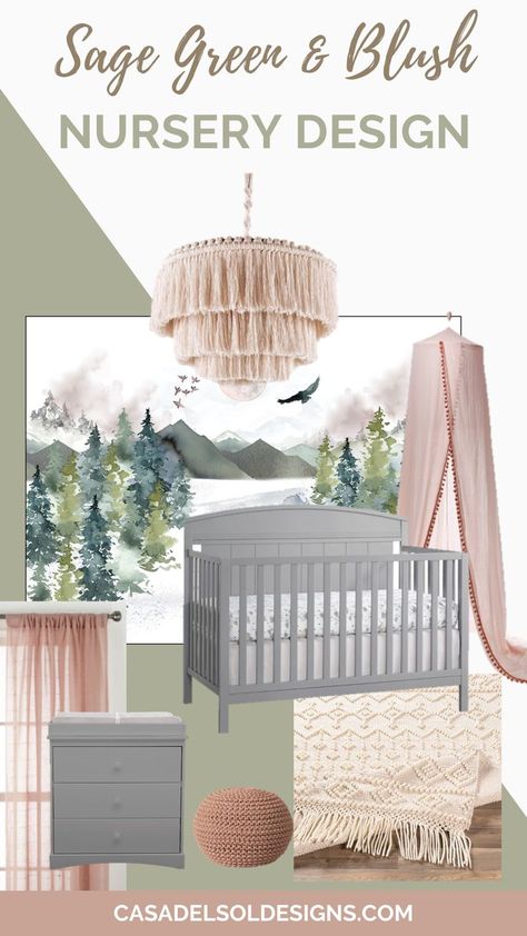 I'm designing a nature-inspired boho-styles nursery for some friends! The color pallette is sage green, blush and dove gray. Come check out the design plans and learn more about the project! Sage And Pink Nursery Curtains, Nursery Pink Sage Green, Green Nursery Gray Crib, Green Nursery With Grey Crib, Grey And Sage Green Nursery, Dusty Rose Sage Green Nursery, Gray And Blush Nursery, Pink And Green Boho Nursery, Pink And Natural Nursery