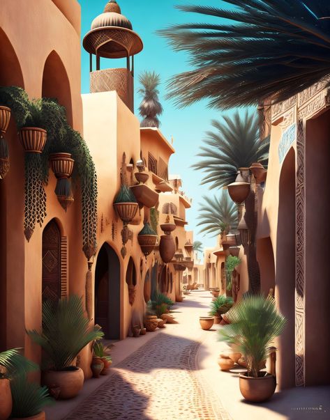 Arabian street, arabian nights, Arabic Palace, Islamic Thumbnail, Desert Palace, Quran Stories, Islamic City, Fruit Art Drawings, History Background, Scenery Art, Medieval City