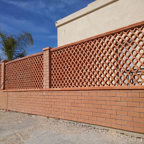 Farmhouse Compound Wall, Terracotta Blocks, Wall Terracotta, Reling Design, Red Brick Tiles, Small House Design Kerala, Brick Wall Gardens, Fence Wall Design, Interior Designers In Hyderabad