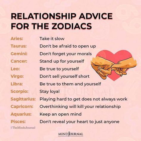 Relationship Advice For The Zodiacs. Aries: Take it slow. Taurus: Don't be afraid to open up. Gemini: Don't forget your morals. Relationship Paragraphs, Astrology Calendar, Zodiac Quotes Scorpio, Astrology Meaning, Zodiac Couples, Zodiac Signs Chart, Libra Zodiac Facts, Take It Slow, Play Hard To Get