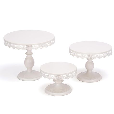 PRICES MAY VARY. [Set of 3] This set features three cream white cake stands set in sizes of 7.87", 9.84", and 11.82", with heights of 5.5", 7.8", and 10.1" respectively, catering to various display needs. [Sturdy Construction] Crafted from high-quality iron with a rust-proof finish, this durable dessert table display set outperforms cheap plastic alternatives. Its cream white finish provides a sleek, modern look, and the set is easy to maintain. The widened base ensures excellent stability, allo Dessert Table Display, Metal Cake Stand, Round Cake Stand, Cake Stand Set, Plastic Alternatives, Construction Crafts, Dessert Display, Round Cake, Cake Display