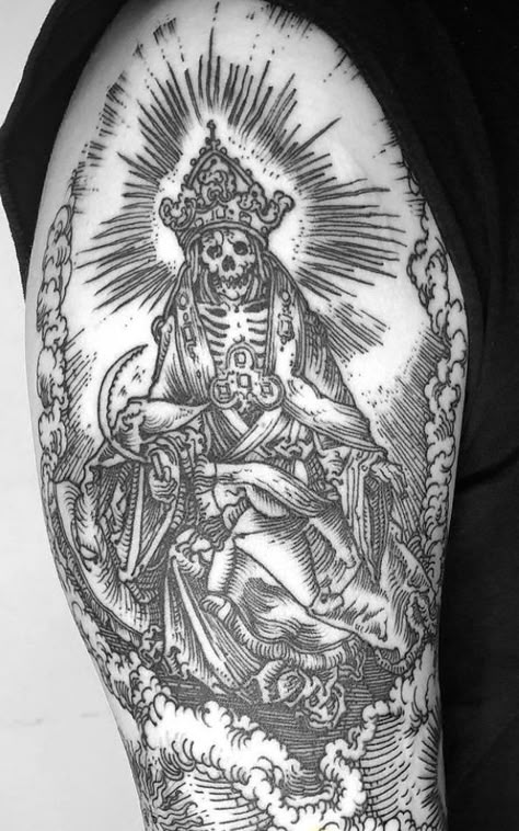 Engraving Tattoo Sleeve, Etching Tattoo Sleeve, Antichrist Tattoo, Engrave Tattoo, Medieval Tattoo Sleeve, Woodcut Tattoo Sleeve, Medieval Woodcut Tattoo, Illustrated Tattoo, Skull Couple Tattoo