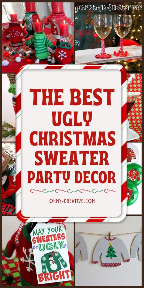 An Ugly Christmas Sweater Party is all about embracing the fun, quirky, and sometimes tacky side of the holiday season. It’s the perfect opportunity to let loose and celebrate with friends in a lighthearted atmosphere filled with bright colors, clashing patterns, and over-the-top festive decoration. Glittery snowflakes, and candy-cane-shaped decorations will add a pop to the overall look. With the right blend, your ugly Christmas sweater party will be a hit! #UglyChristmasSweater #ChristmasDecor Ugly Christmas Sweater Theme Party, Ugly Stocking Ideas, Ugly Sweater Decorations, Ugly Christmas Sweater Party Ideas Decor, Ugly Sweater Christmas Party Decorations, Ugly Sweater Photo Booth, Ugly Christmas Sweater Party Decorations, Ugly Sweater Party Decorations, Ugly Xmas Sweater Party