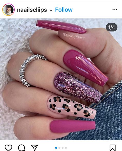 Hot Pink And Cheetah Nails, Animal Print Nails Art, Pointy Nails, Acrylic Nail Set, Sassy Nails, Pink Gel, Leopard Nails, Animal Print Nails, Rainbow Nails