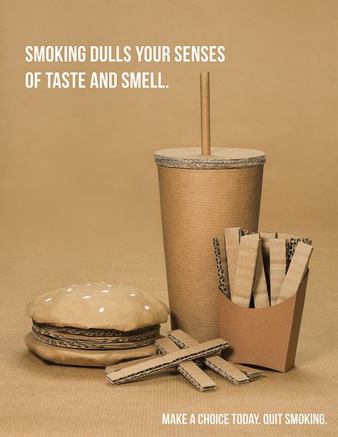 Image found via Pinterest 11/19/17 This ad is to promote non-smoking. It is simple and right to the point. Smoking harms your body, so "Make a choice today, and quit smoking". Pinterest Fail, Pinterest Advertising, Clever Advertising, Cardboard Box Crafts, Cardboard Toys, Creative Advertising Design, Cardboard Sculpture, Aktivitas Montessori, Guerilla Marketing