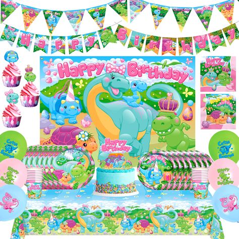 PRICES MAY VARY. Our set of dinosaur birthday party supplies girls includes 3 tablecloths, 1 banner, 1 pennant banner, 1 backdrop, 12 latex balloons, (24) 7" dessert plates & 9" dinner plates, (24) 9oz cups, 48 napkins, 24 cupcake wrappers & toppers, & 1 cake topper. Take a trip back in time with your prehistoric pals with our awesome dinosaur decorations for birthday party. These dinosaur themed birthday decorations will help you quickly & easily transform your space into a dino party all the k Dinosaur Theme Party Decorations, Girls Dinosaur Birthday, Dinosaur Birthday Decorations, Girl Dinosaur Party, Girl Dinosaur Birthday, Dinosaur Party Decorations, Dinosaur Party Supplies, Dinosaur Birthday Party Decorations, Dinosaur Balloons