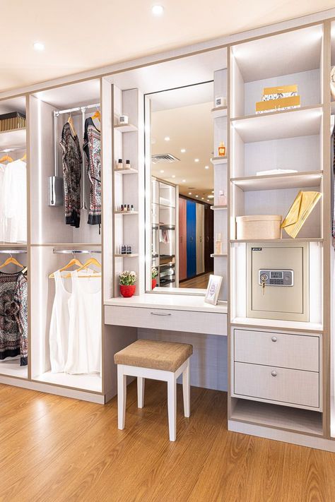 Walkin Wardrobe With Dresser, Wardrobe With Makeup Area, Wardrobe Closet With Vanity, Dressing Room Vanity Ideas, Hidden Vanity In Closet, Closet With Makeup Vanity Built In, Make Up Vanity Walk In Closet, Closet Built In Vanity, Make Up Dresser Ideas Vanities