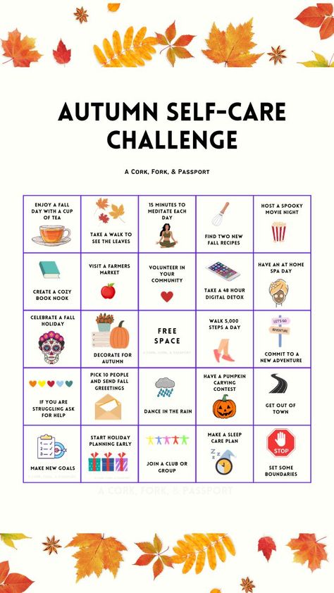 Fall Self-Care Challenge | A Cork, Fork, & Passport ® Fall Fitness Challenge Ideas, October Wellness Challenge, Fall Challenge Ideas, November Self Care Calendar, Self Care Autumn, May Self Care Challenge, 2025 Habits, October Self Care, September List