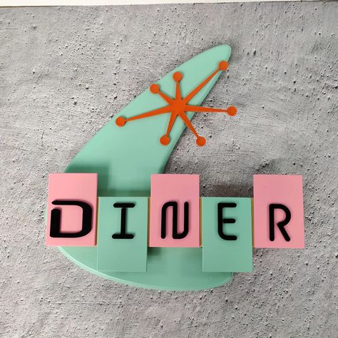 Repaint the sputnik to silver and the correct shades of the teal and pink. Diner Aesthetic, 1950s Diner, Atomic Decor, 50s Kitchen, Diner Sign, Googie Architecture, Diner Decor, Retro Diner, Create Decor