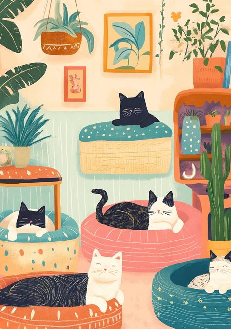 Cat Lounge, Fairy Tale Illustration, Contemporary Illustration, Whimsical Cats, Whimsical Illustration, Colorful Wall Art, Cat Nap, Cat Illustration, Baby Cats