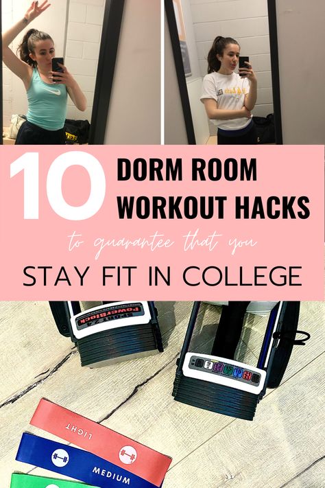 Pink banner with black and white title that says "10 Dorm Room Workout Hacks to Guarantee That You Stay Fit in College" over collage of three pictures. Two pictures of college girl at the gym taking a selfie in workout clothes, one picture of adjustable dumbbells and resistance bands on the floor of a college student's dorm room. College Workout Routine, College Workout Plan, 90 Day Workout Plan, Dorm Room Workout, Healthy In College, Room Workout, College Workout, Freshman 15, Runners Workout