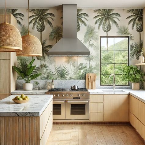 Tropical Kitchen Design, Hawaii Kitchen, Tropical Kitchen, Tropical Interior Design, Beach Cake, Hotel Ideas, Tropical Interior, Tropical House, Tropical Style