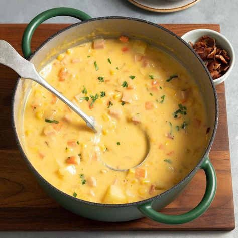 This ham chowder recipe is chock-full of ham, bacon, potatoes and cheese—all ingredients we love on their own, but even more so together. A warm bowl will warm you up from the inside, out! Ham And Potato Cheddar Soup, Ham And Cheddar Soup, Ham And Noodle Soup, Ham Chowder Soup, Soup Recipes With Ham, Cheesy Ham Potato Soup, Potato Ham Chowder, Ham Chowder Recipe, Cheddar Chowder