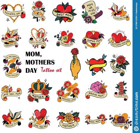 Mom Mother Mothers Day Proud Mom Vintage Tattoo Set Stock Vector - Illustration of body, birds: 278813339 Happy Mom Day, Flash Sheets, Happy Painting, Roses Vintage, Tattoo Set, Happy Mom, Mom Day, Vintage Tattoo, Proud Mom