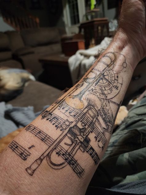 Trombone, trumpet, piano, compass, music Musical Tattoo Sleeve, Music Leg Tattoo, Trombone Tattoo, Trumpet Tattoo Ideas, Trumpet Tattoo, Sheet Music Tattoo, Tattoos 2022, Music Tattoo Sleeves, Trumpet Music