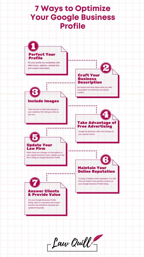 Your law firm marketing starts with Google Business Profile, formerly known as Google My Business. This is free real estate on the internet, and can really help move the SEO needle. Check out these 7 ways to optimize your law firm marketing through an amazing GBP! Click through to read the Ultimate Guide to growing your law firm through Google Business! Law Quill www.LawQuill.com Law Firm Marketing, Contents Layout, Google Business, Business Law, Website Link, Free Advertising, Marketing Advice, Financial Life Hacks, Business Profile