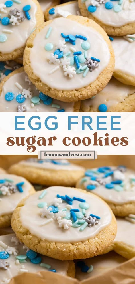 These Eggless Sugar Cookies are simple, 10 minute prep, no chill cookies that will have everyone amazed. Whether you have an egg allergy or just ran out of eggs, this egg free cookie recipe will not disappoint. Fun to ice and decorate for any occasion. Cut out instructions included as well! No Egg Gingerbread Cookies, No Egg Christmas Cookies, No Egg Cookie Dough Recipe, Cookie Recipes No Eggs, Sugar Cookie Recipe Without Eggs, No Egg Sugar Cookies, Sugar Cookie Recipe No Egg, Egg Free Sugar Cookies, Egg Free Cookies Recipes