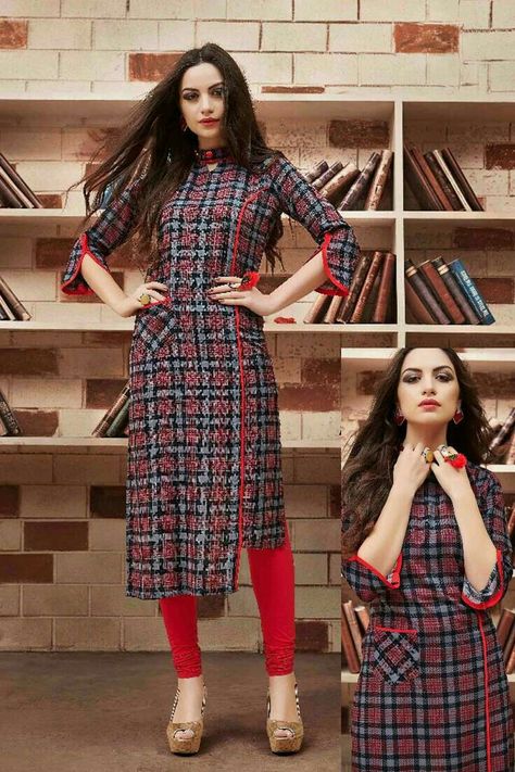 Woolen Kurtis Design Winter, Winter Suits For Women Indian, Western Kurti, Kurti Ideas, Checks Print, Khadi Kurta, Suits For Women Indian, Printed Kurti Designs, Kurtis Design