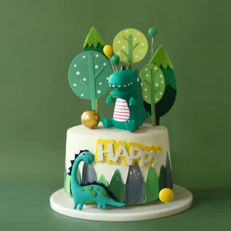 Guitar Birthday Cakes, Dino Birthday Cake, Baby Boy Birthday Cake, Dino Cake, Yellow Cartoon, Buttercream Cake Decorating, Decoration Cake, Animal Cakes, Dinosaur Cake