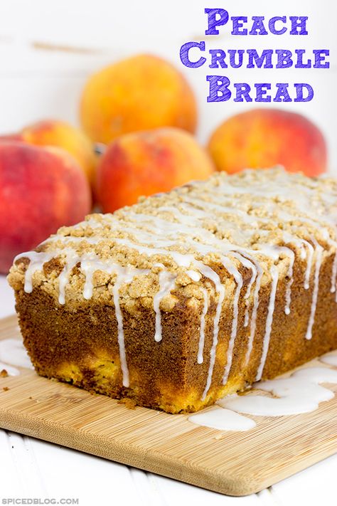 This Peach Crumble Bread is loaded with diced peaches and topped with a brown sugar cinnamon crumble.  A slice of this bread is the perfect way to start a warm summer morning! #WalmartProduce Peaches And Cream Cheese Loaf Recipe, Peach Fritter Bread, Cinnamon Peach Bread, Peach Bread, Bread Quick, Cinnamon Crumble, Peach Crumble, Peach Desserts, Fruit Bread