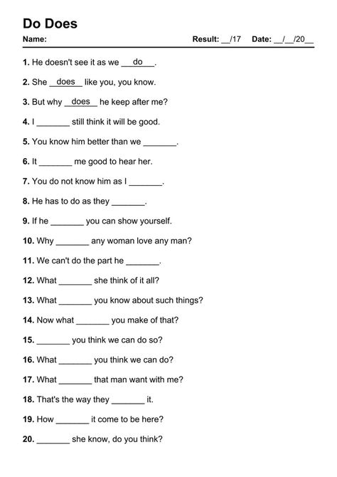 Do Does - Test 1 Do Does Worksheet Grade 2, Do And Does Worksheet, Do Does Questions Worksheet, Do Does, Directions Test, Grammar Test Worksheets With Answers, English Grammar Pdf, Subject Verb Agreement, Verb Forms