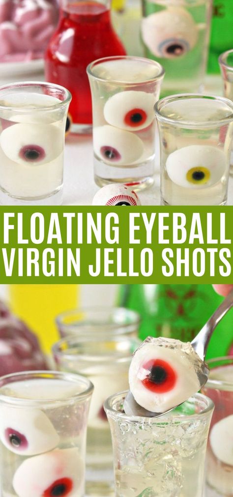 Floating Eyeball Jello Shots (non-alcoholic or alcoholic is your choice) , Halloween Jello Shots perfect for a party and oh so fun to eat  They’re just so…wait for it…eye-catching! (groan) How often do you see eyeballs suspended in anything, much less dessert? That is what our lives have been missing, I think. #halloween #jelloshots #eyeballs #recipe Virgin Jello Shots, Eyeball Jello Shots, Eyeball Jello, Summer Jello Shots, Floating Eyeball, Peach Jello Shots, Cherry Jello Shots, Rum Jello Shots, Strawberry Jello Shots