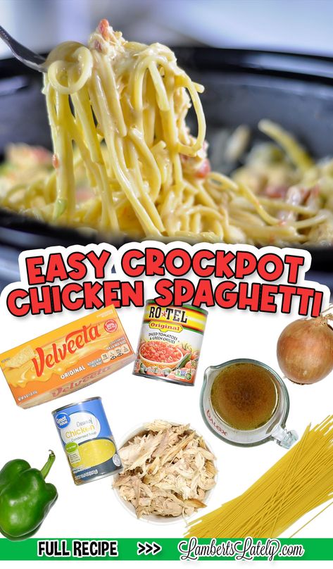 easy crockpot chicken spaghetti collage, with pictures of ingredients. Easy Weeknight Slow Cooker Meals, Chicken Spaghetti Velveeta, Crock Pot Stew Meat Recipes, Chicken Spaghetti With Rotel, Spaghetti With Rotel, Crockpot Rotisserie Chicken, Frozen Chicken Crockpot, Rotel Chicken Spaghetti, Crockpot Chicken Spaghetti