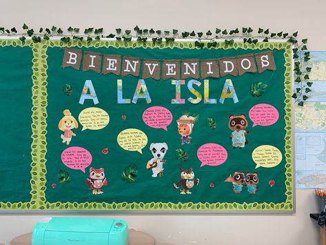 Welcome to la isla! I couldnt find ANY animal crossing classroom decor, so I made my own. Spanish class is so fun! Animal Crossing Classroom Ideas, Animal Crossing Classroom Theme, Animal Crossing Bulletin Board, Acnh Classroom, Animal Crossing Classroom, Red Room Ideas, Guard Room, Door Dec Ideas, Ra Themes