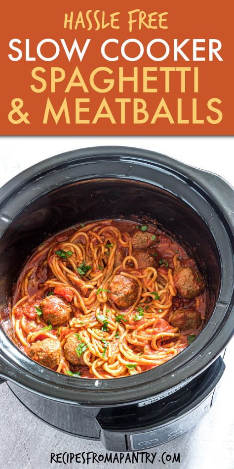 Classic Slow Cooker Spaghetti and Meatballs is an easy supper recipe. Crockpot Spaghetti and Meatballs is perfect for meal prep, lunch boxes, potlucks. This Italian Pasta recipe is comforting, belly filling and mostly a hands off, effortless dinner. Everything - inclding the meatballs and noodles are cooked in the crockpot. Click thru to get the best Slow Cooker Spaghetti and Meatballs recipe! #slowcooker #crockpot #spaghettiandmeatballs #spaghetti #meatballs #crockpotspaghetti #pasta Crockpot Pasta Meatballs, Slow Cooker Meatballs And Rice, Easy Crockpot Spaghetti And Meatballs, Crockpot Spaghetti And Meatballs Frozen, Crockpot Pasta And Meatballs, Spaghetti And Meatballs Crockpot, Crock Pot Spaghetti And Meatballs, Slow Cooker Spaghetti And Meatballs, Slow Cooker Frozen Meatballs