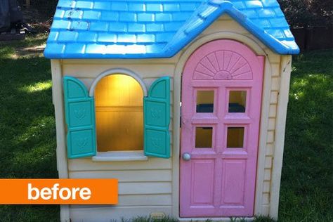 Before & After: Little Tikes Plastic Playhouse Paint Job Plastic Playhouse Makeover, Little Tikes Playhouse Makeover, Playset Landscaping, Little Tikes Makeover, Plastic Playhouse, Playhouse Makeover, Backyard Playset, Wendy House, Christmas Float Ideas