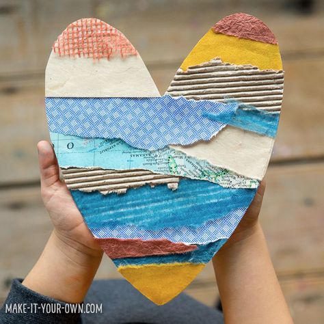 Heart Art Preschool, Torn Paper Craft, Collage Crafts For Kids, Texture Art For Kids, Scrap Paper Art, Fabric Collage Ideas, Heart Collage Template, February Art Projects, Valentines Art Lessons