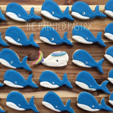 Go Against the Flow - Whale Cookies | Cookie Connection Marine Cookies, Nautical Cookies, Whale Cookies, Fish Cookies, Beach Cookies, Shark Cookies, Nautical Cake, Cookie Decoration, Cookie Decorating Party