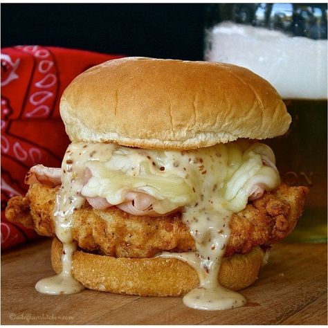 Chicken Cordon Bleu Sandwiches with Maple Mustard Sauce - Wildflour's Cottage Kitchen Cordon Bleu Sandwich, Chicken Cordon Bleu Sandwich, Maple Mustard Sauce, Pork Chop Sandwiches, Beef Macaroni, Boiled Ham, Chicken Breast Tenderloins, Maple Mustard, Sliced Bread