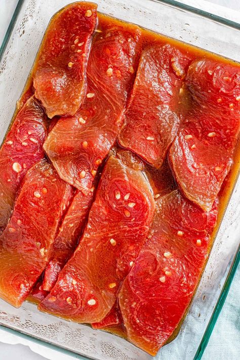 Watermelon "Tuna" Steaks To Blow Your Mind! • Tasty Thrifty Timely Grilled Watermelon Steak, Watermelon Tuna Vegan, Watermelon Steak Recipe, Tuna Watermelon, Watermelon Sushi, Marinated Watermelon, Gaz Oakley, Grilled Watermelon, Seaweed Snacks