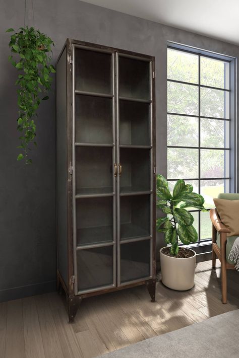 Boho Style Furniture, Cabinet With Glass Doors, Industrial Display, Industrial Style Furniture, Bathroom Tall Cabinet, Industrial Design Furniture, Door Frames, Sideboard Tv Unit, Room Scents