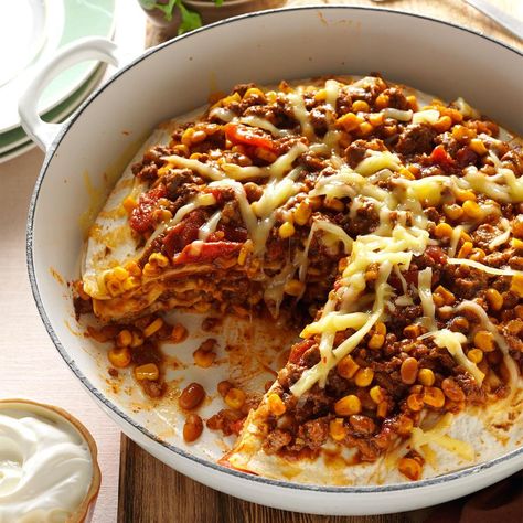 Piling on loads of hearty flavor at mealtime is easy when I roll out this skillet specialty. I layer the meat mixture with tortillas in a deep skillet and let it simmer a little longer. It’s easy to cut and spoon out of the pan. —Bernice Janowski, Stevens Point, Wisconsin Chuck Recipes, Ground Chuck Recipes, Tortilla Stack, Ground Chuck, Paleo Snack, Chuck Wagon, Recipes For Dinner, Skillet Meals, Baked Beans